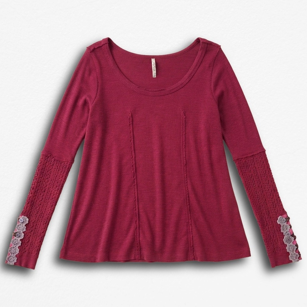 Free People Berry Wine Crochet Lace Trim Thermal Top Long Sleeve Women Medium